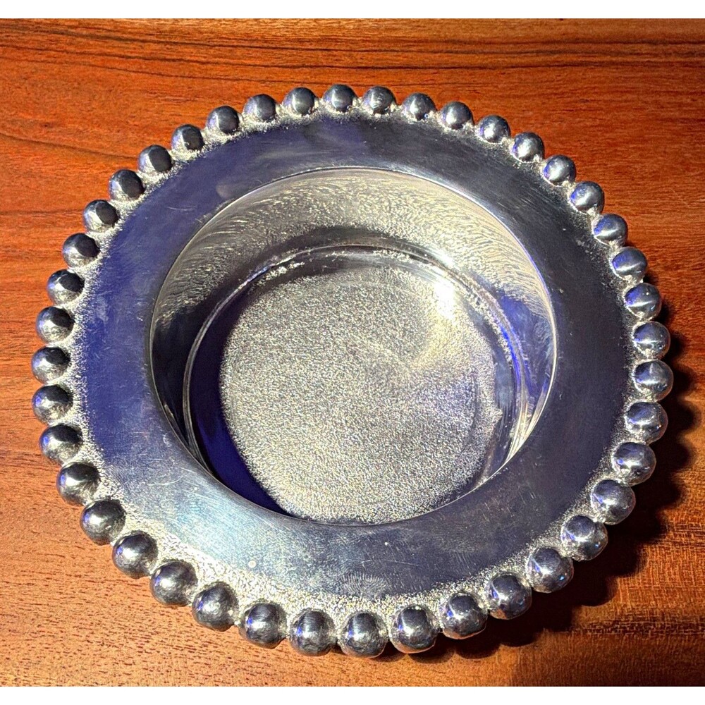 Mariposa Silver Tone Beaded Rim Metal Bowl 7" Round Made in Mexico Hand Wash